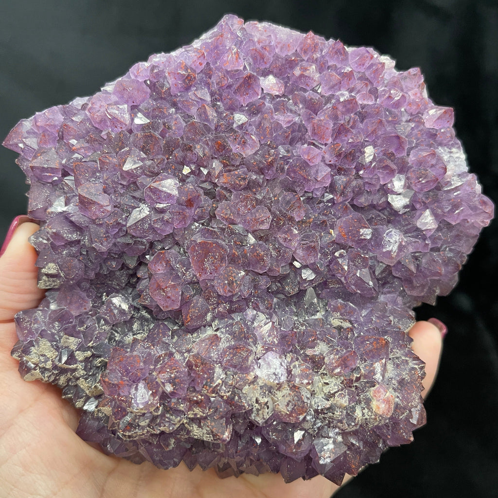 This is a beautiful, large plate of Hematite included Amethyst exhibiting as an undulating presentation of lustrous or shiny crystals from the Panorama Mine, Thunder Bay District, Ontario, Canada.