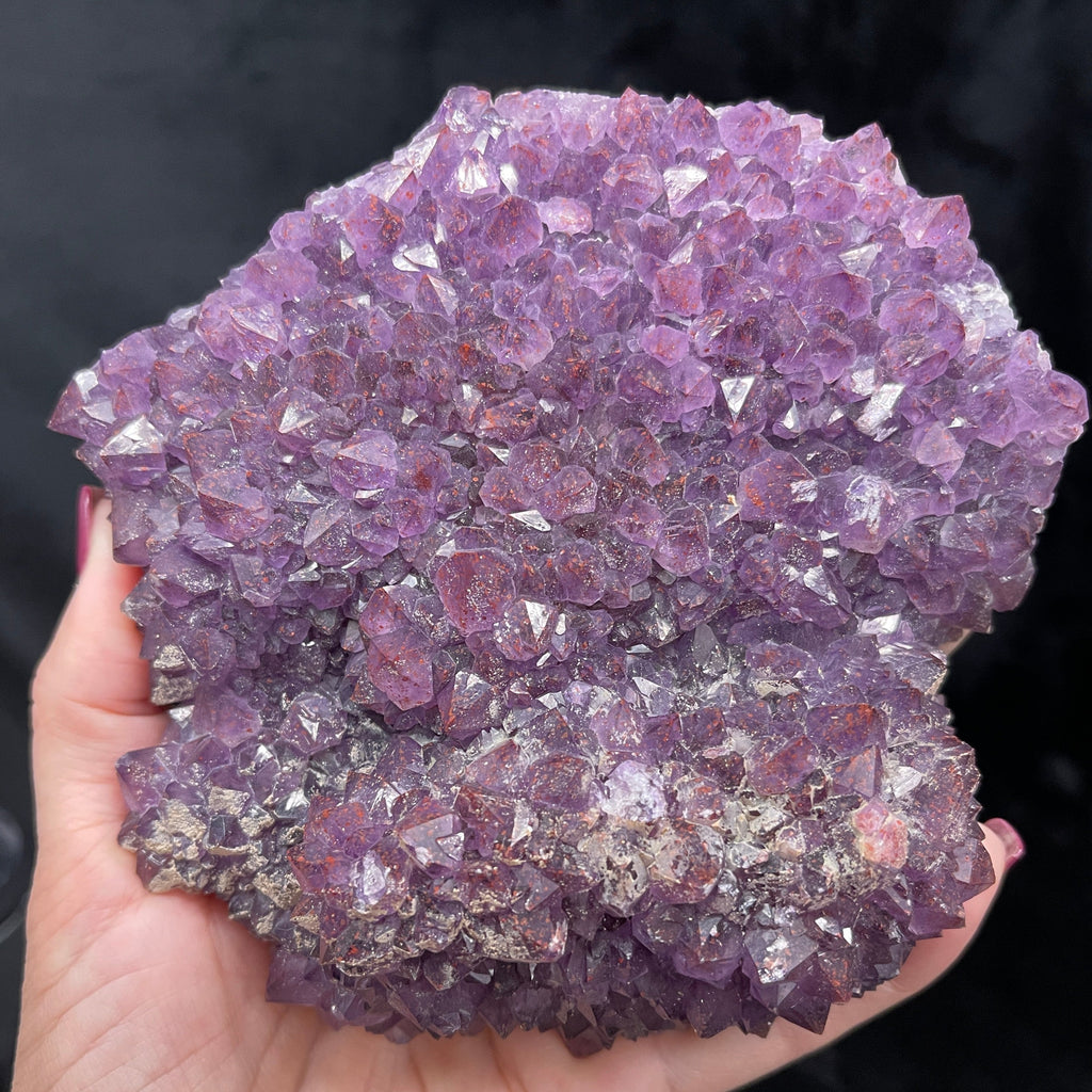 Hematite included Quartz var. Amethyst, often referred to as Thunder Bay Amethyst, exhibits an unique saturation of juicy purple color found at the mine locations on the northern side of Lake Superior in Canada. Sensational crystals like these in this quality mineral specimen present with super glassy faces.