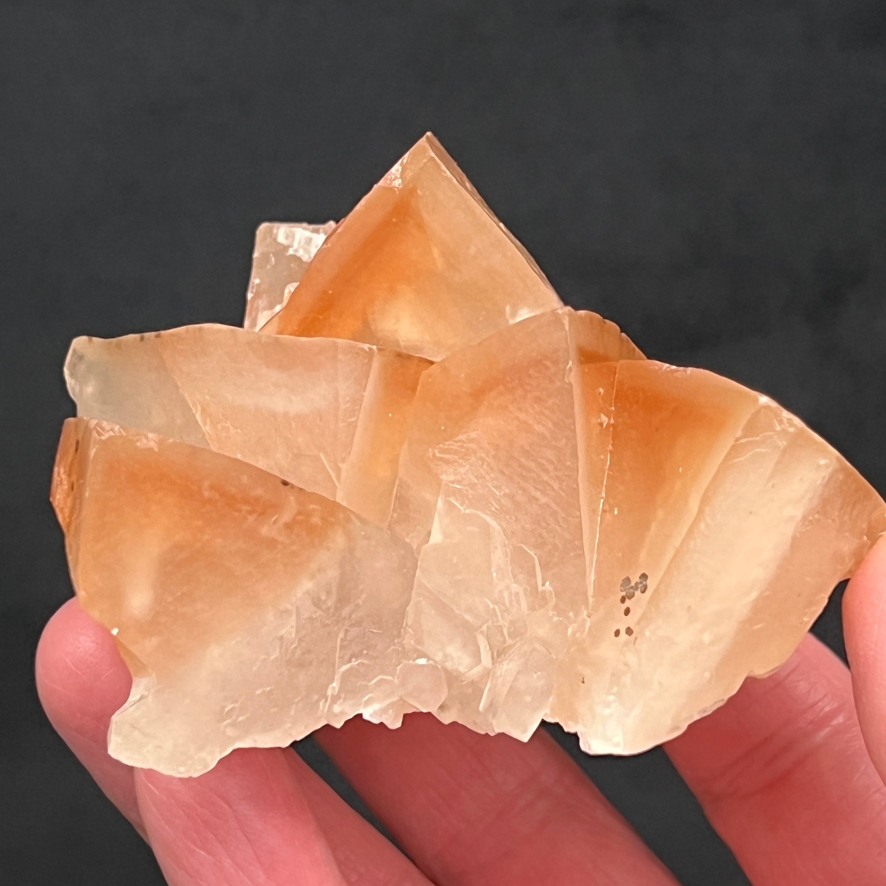 This is a less common, beautiful example of scalenohedral, large dog tooth Calcite crystals, often referred to as "Mariposa" or Butterfly Calcite, presenting with phantoms, inclusions and two phases of growth.