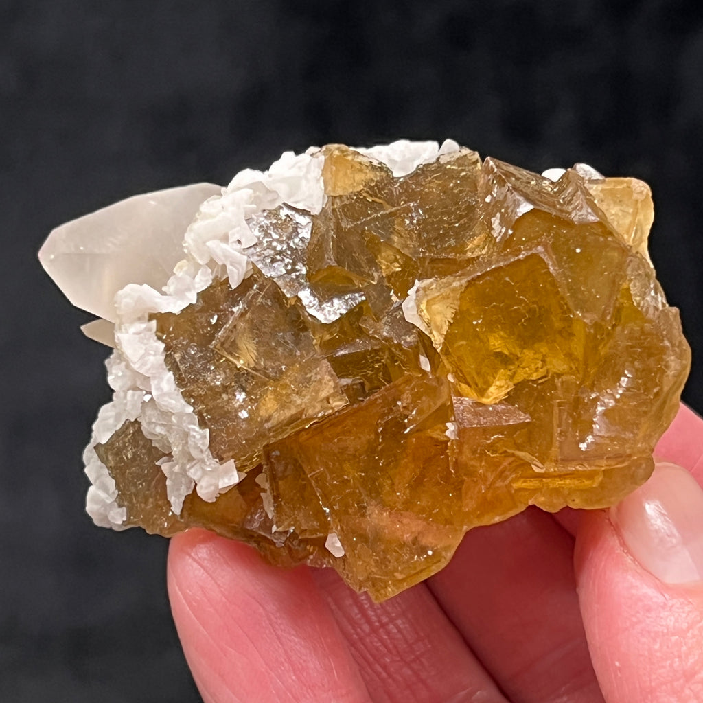 This is an excellent, higher quality combo of glassy, primarily transparent cubic yellow Fluorite with complex growth Calcite and well formed rhombohedral, saddle shaped Dolomite.