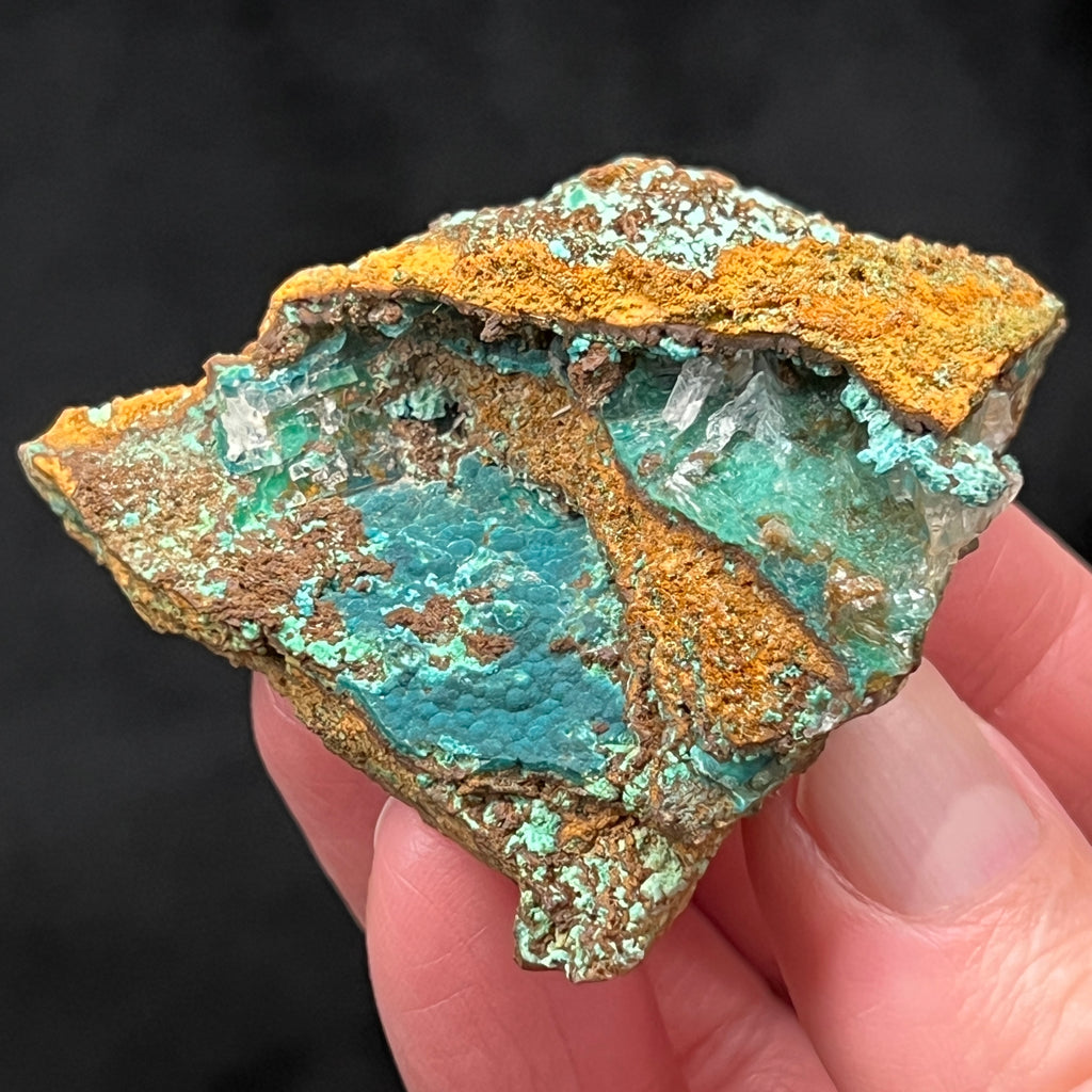 This is a beautiful Rosasite with Calcite on Limonite specimen from the Ojuela Mine, Mapimi Municipality, Durango, Mexico.