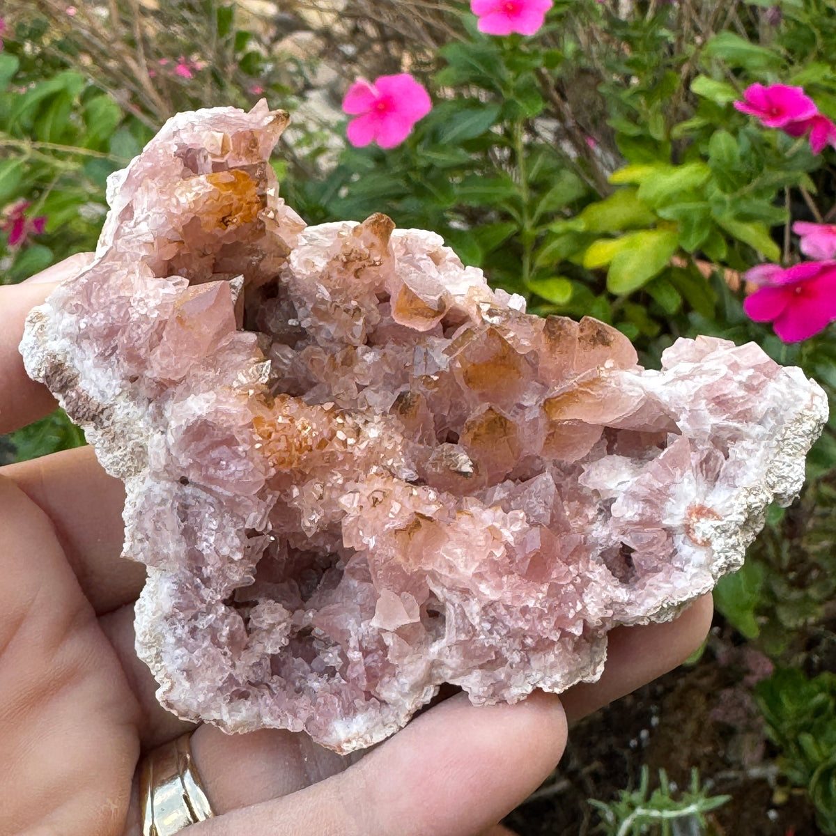 Pink Amethyst with Hematite shown in hands