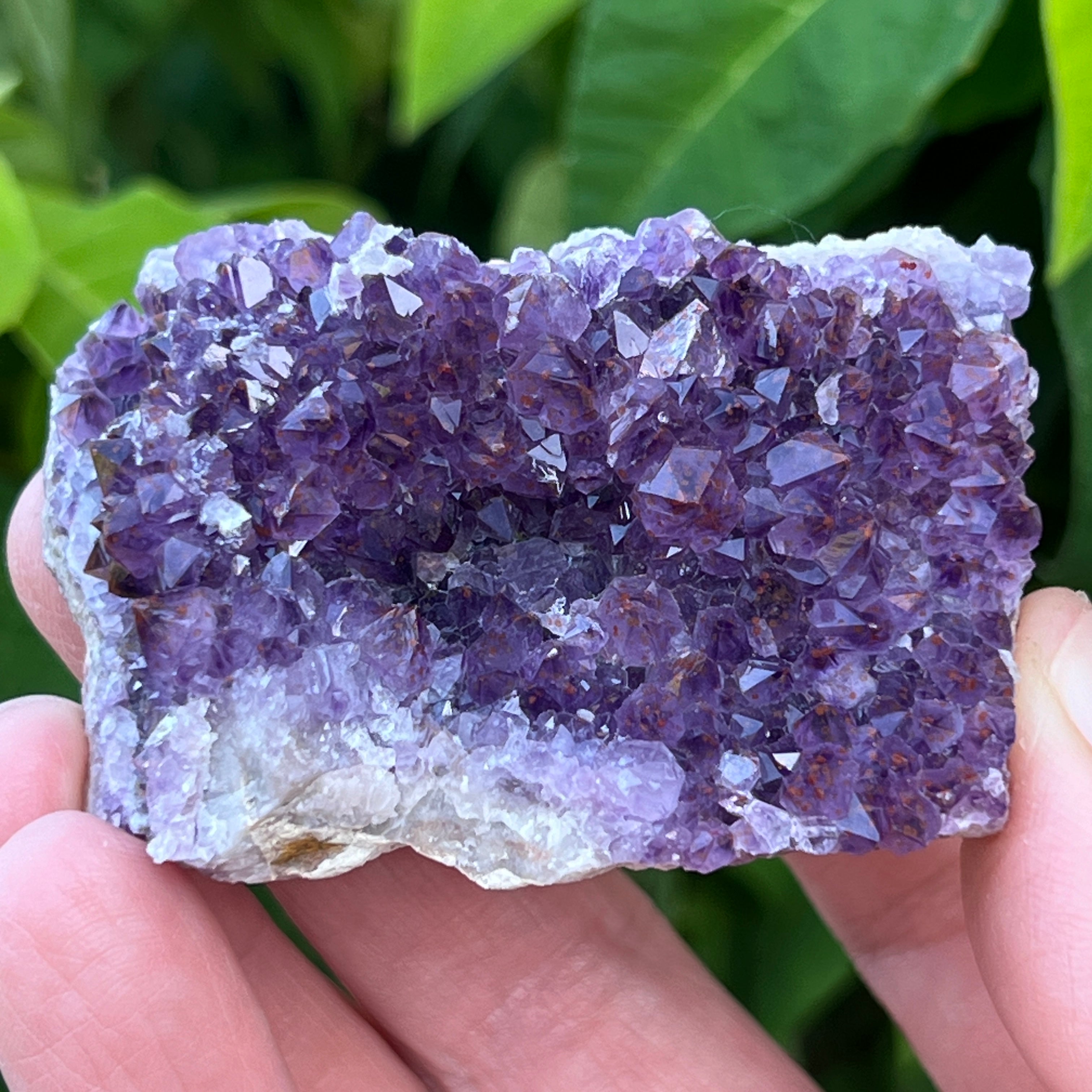 This is an outstanding Quartz var. Amethyst with Hematite inclusions presenting as a very shiny cluster of crystals due to the high luster emanating from the crystals.