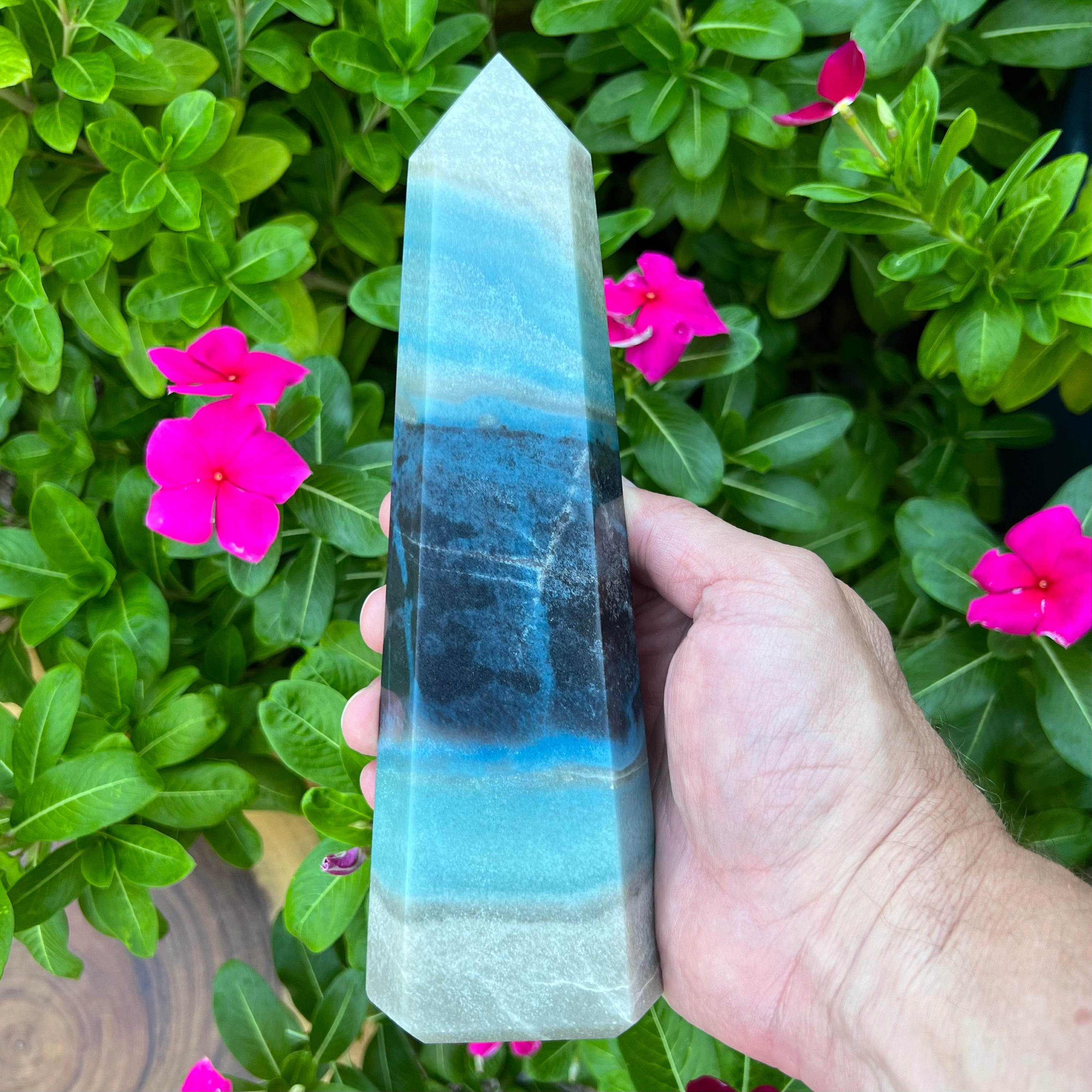 Primarily Lazulite, this beautiful Trolleite stone tower is a combination of minerals that include Lithium Lepidolite, Scorzalite, Blue Tourmaline, and Augelite.