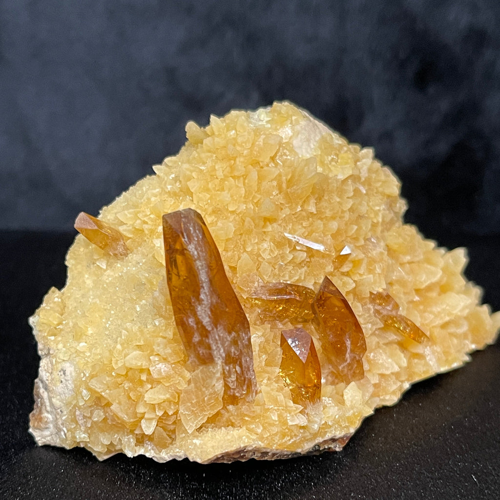 This is fine example of gemmy, lustrous, well defined, characteristic chisel tipped, terminated Barite crystals perched on many yellow Calcite crystals. 
