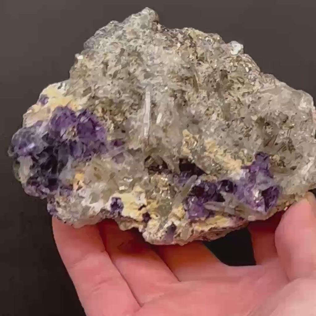 There are many beautiful features to discover and explore in this fine Fluorite, Needle Quartz, Pyrite, Chalcopyrite and Siderite specimen. Large cabinet size. 649 grams. The source for this quality Fluorite and Needle Quartz specimen is the Huanggang Deposit, Inner Mongolia, China.
