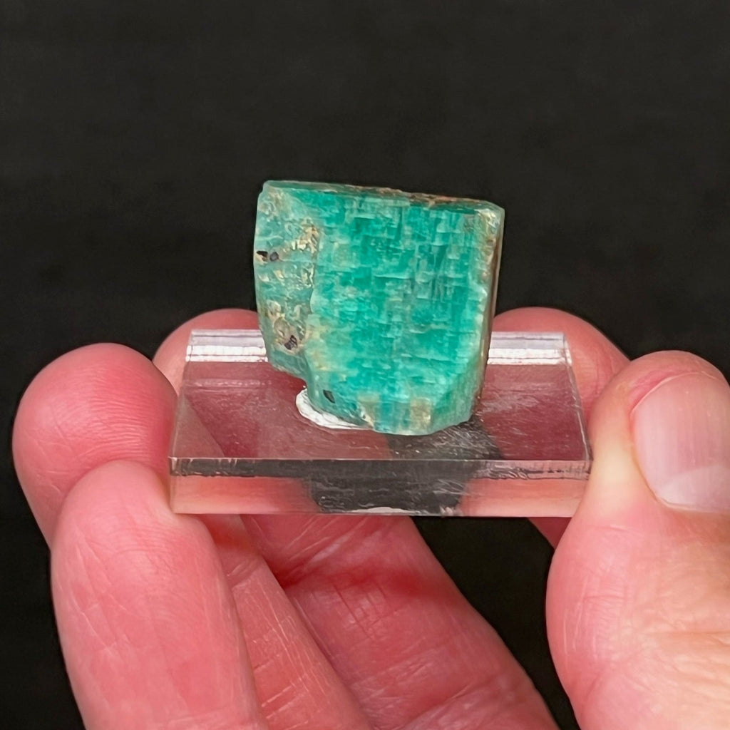 This is a high quality, Amazonite specimen, direct from one the miners that has ownership of the mine. A top quality specimen that can be found in the U.S. Rich blue / green natural color. Source is Hunters Hope Claim, El Paso County, Colorado. 