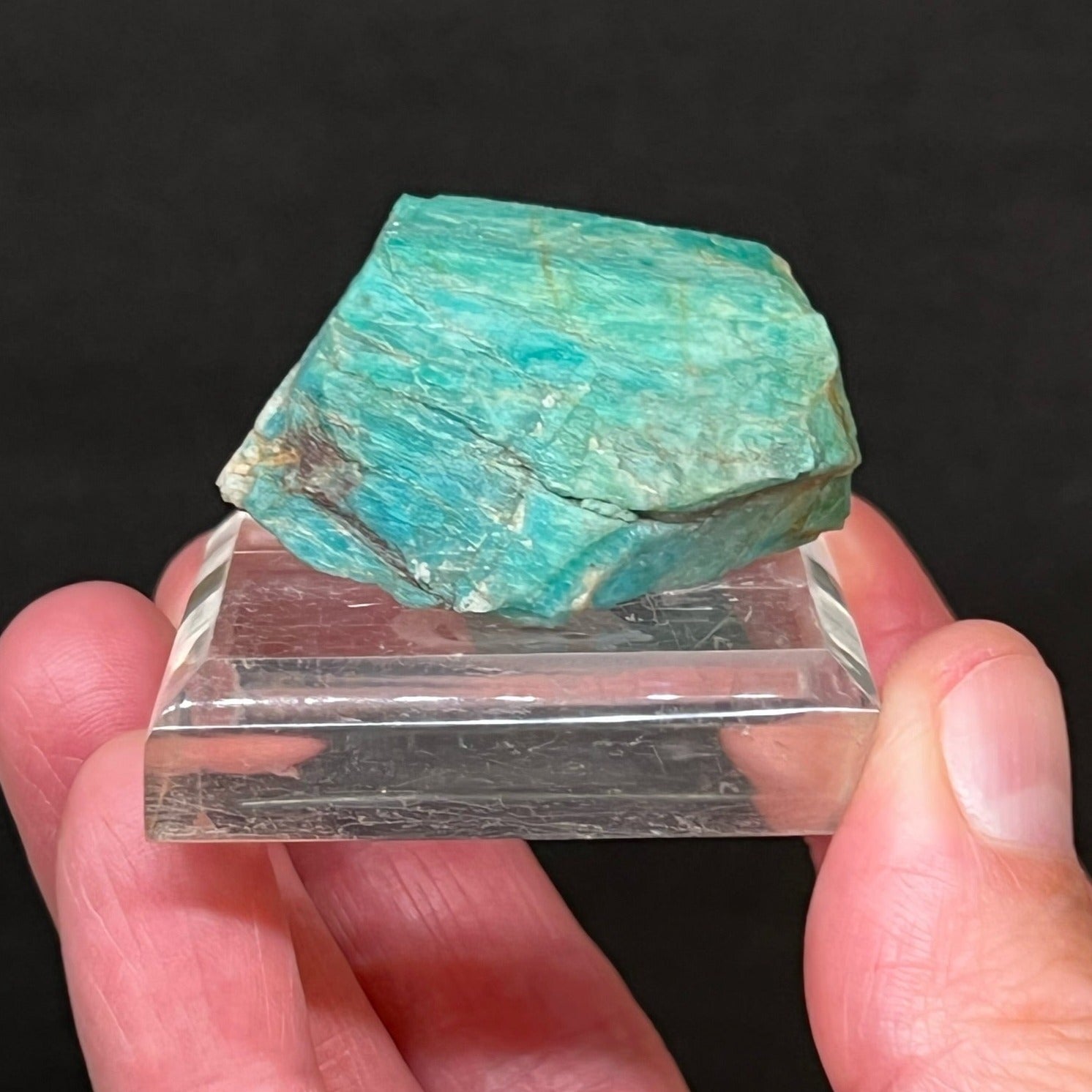 This is a top quality Amazonite collector specimen that can be found in the U.S. showing rich, 100% natural blue-green color.