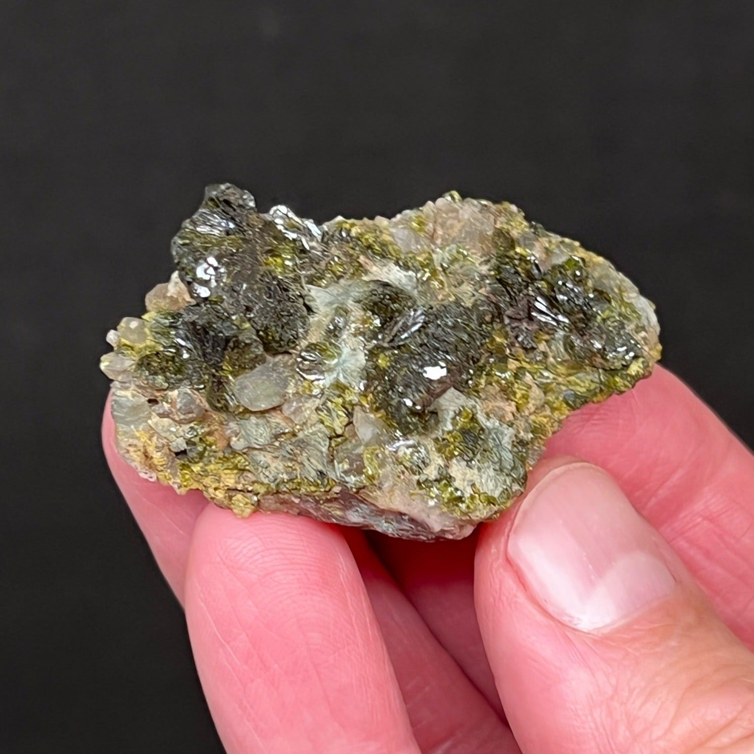 This specimen exhibits contrasting deep, dark green, very lustrous Epidote with terminated and interestingly naturally etched Quartz crystals.