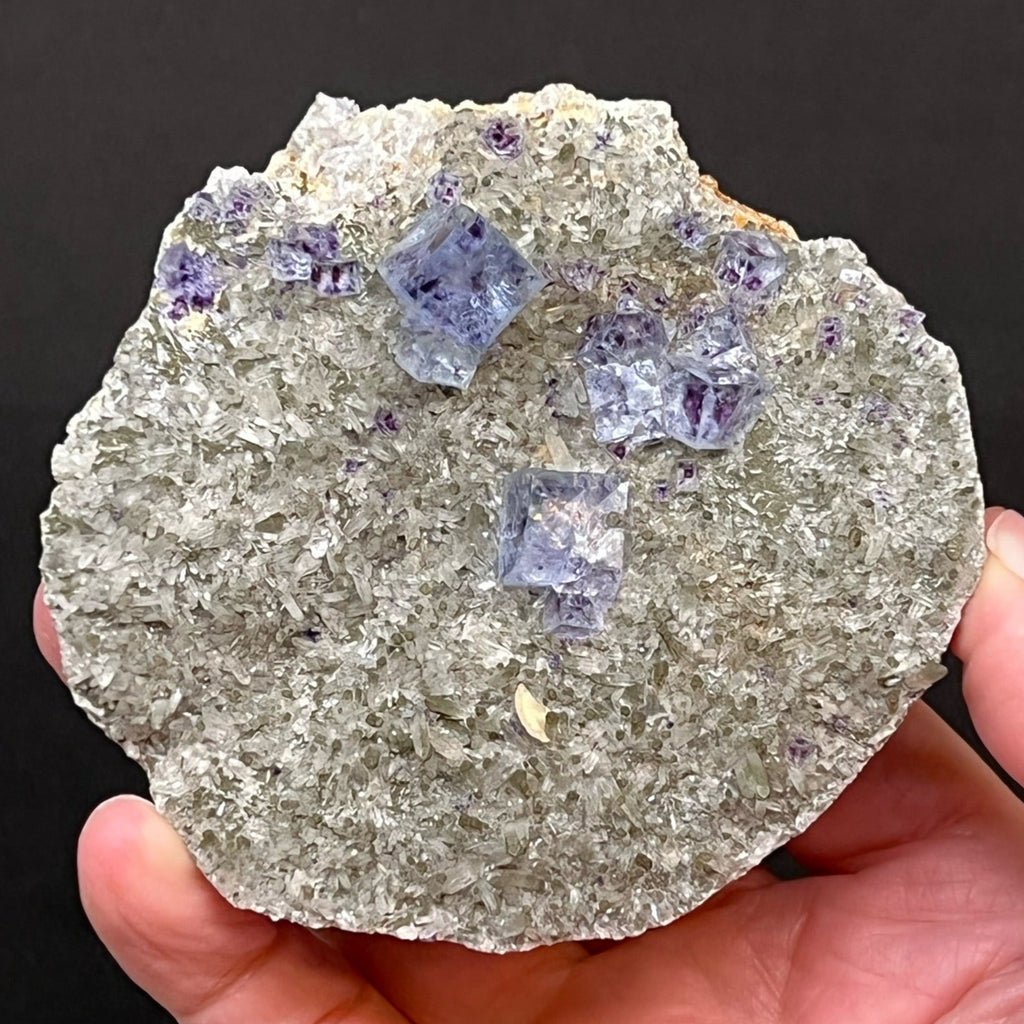 This a fascinating Fluorite, Needle Quartz, and Siderite specimen with lustrous, transparent light blue-purple cubic crystals, some of which have excellently dark blue-purple zoned centers. 