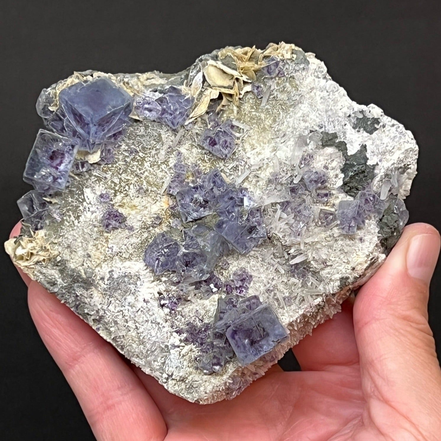 The water clear clarity, the transparency of many of the Fluorite crystals is truly beautiful, with a mix of both smooth faces and complex, natural, stepped and scalloped etched surfaces.