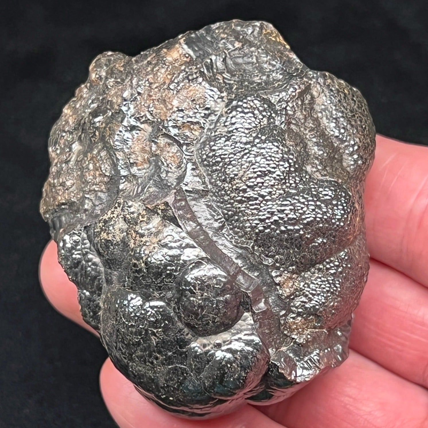 This is a higher quality, 100% natural, Hematite specimen with an intriguing combination of an abundance of tiny and variably larger grouping of botryoidal formation, including a shiny, light reflective, metallic luster on many areas of the piece.