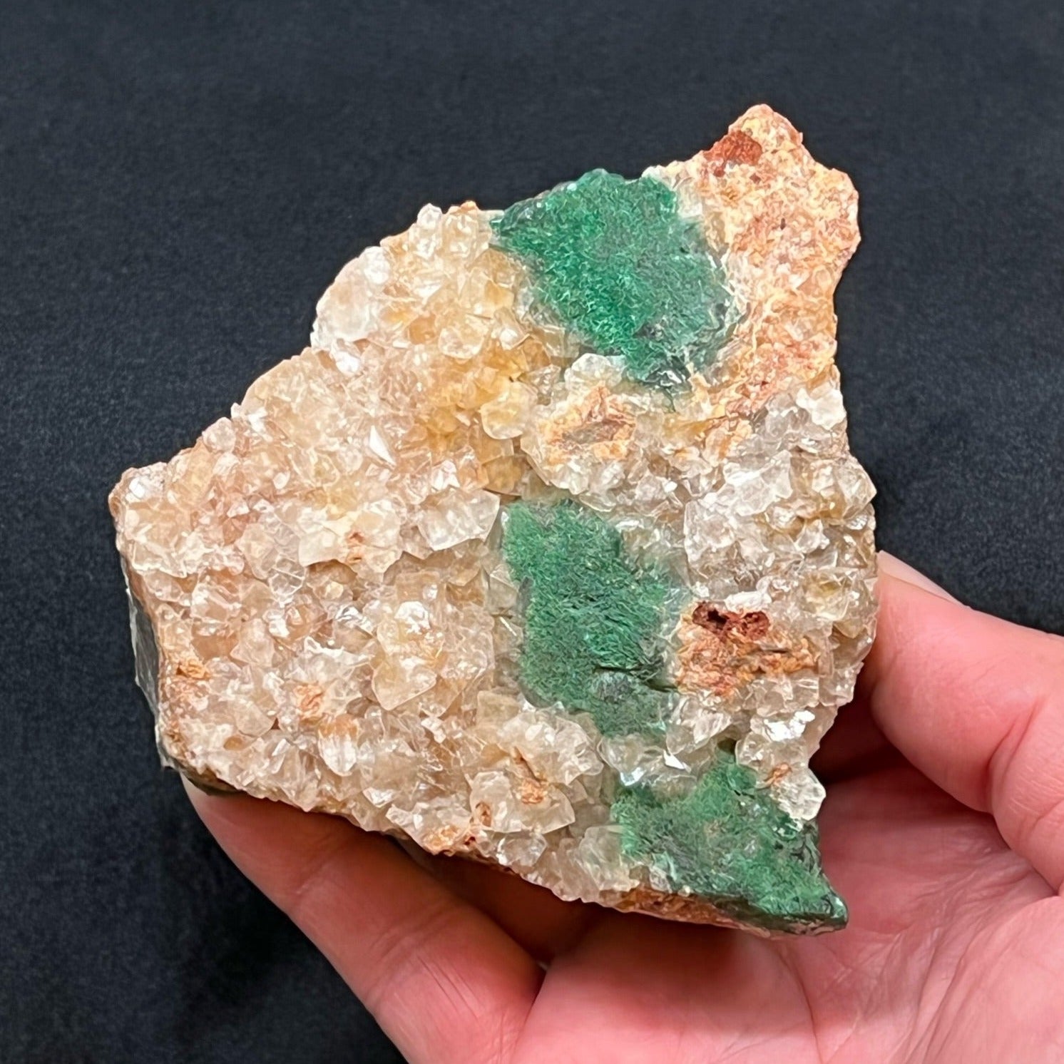 This is an interesting and beautiful combination specimen presenting with Malachite, Quartz and Cerussite.
