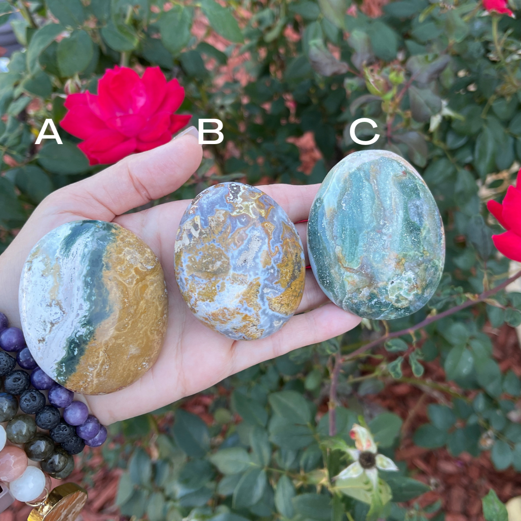 Ocean Jasper 3 large palmstones shown in hand choice of A, B, C