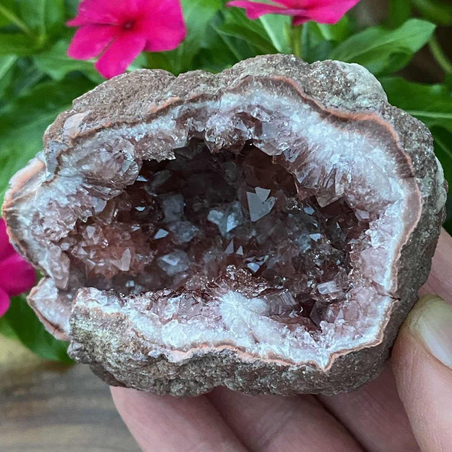 The beautifully contrasting calcite crystals embedded in the lowest areas of this Pink Amethyst Crystals Geode specimen are especially notable too.