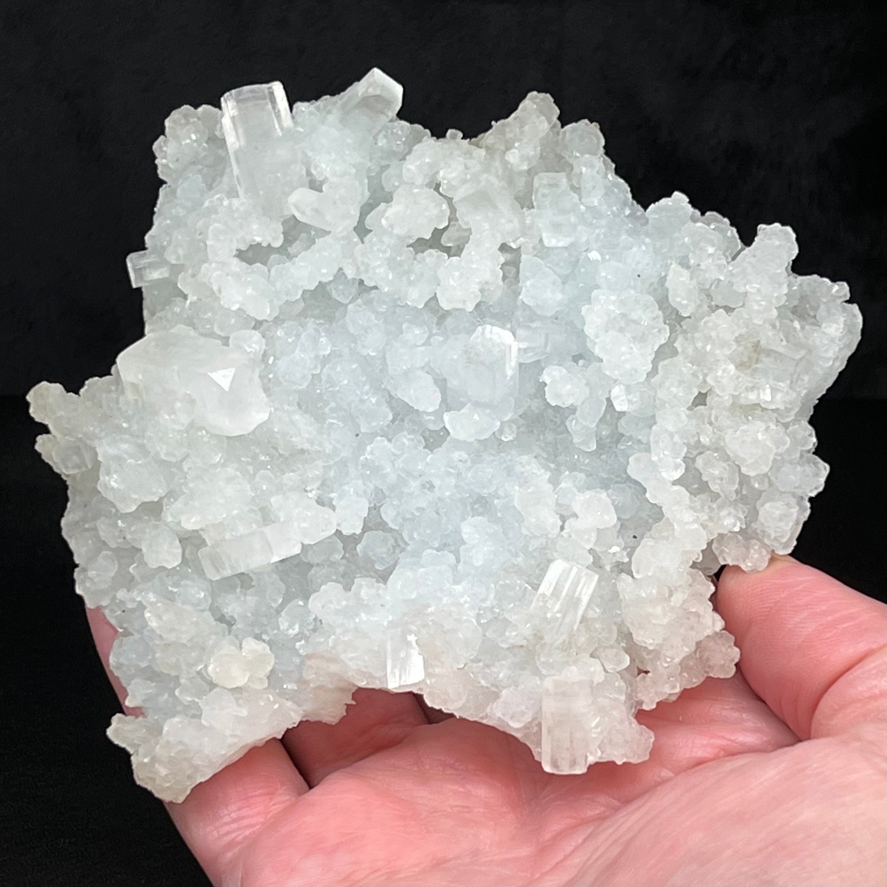This is an exceptional, large Prehnite pseudomorph after Laumontite specimen with lustrous, transparent and translucent, rectangular Apophyllite crystals.