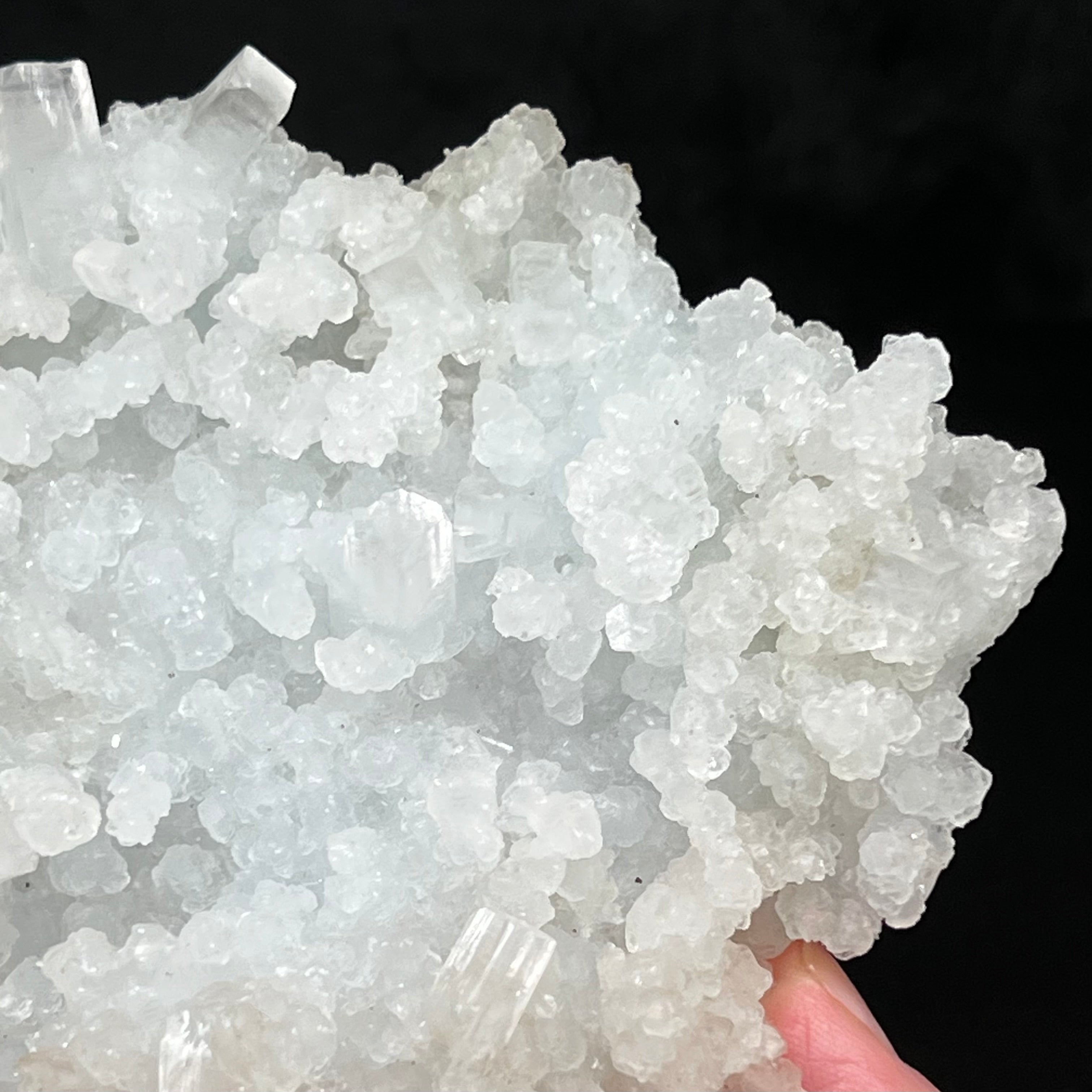 The source for this Prehnite pseudomorph after Laumontite with Apophyllite is the Bombay Quarry, Mumbai District, Maharashtra, India. Obtained from our contact that has a direct relationship with the mines in India.