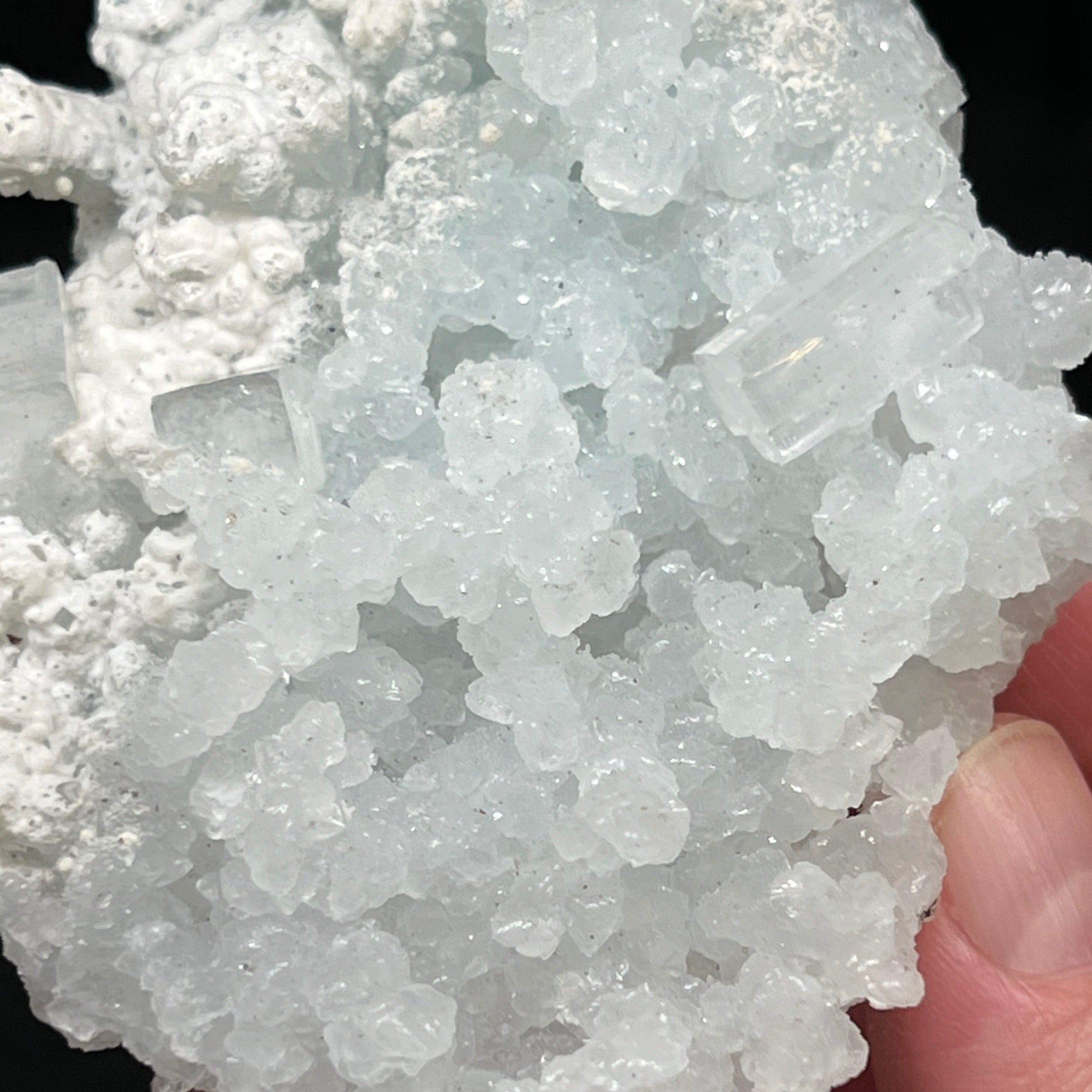 Excellent overall icy presentation to this Prehnite pseudomorph after Laumontite with Apophyllite and snowy, silky Mordenite.