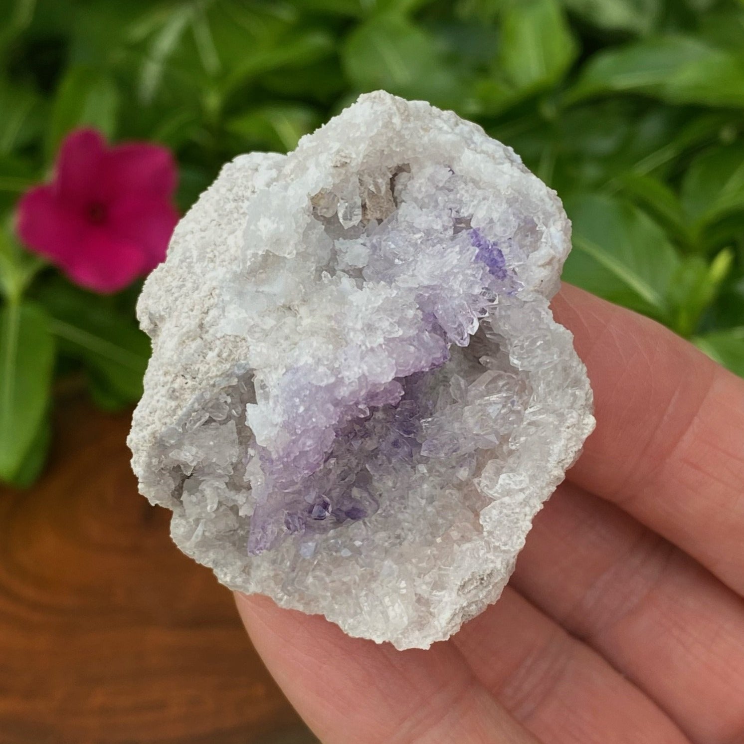 There is an attractive, soft dispersion of blue fluorite throughout this Spirit Flower Geode.