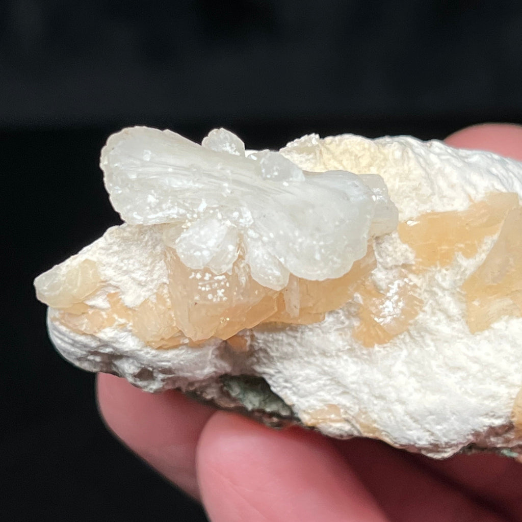 The beautiful Heulandite appears sandwiched between the Stilbite and Mordenite on one end of the specimen surface.