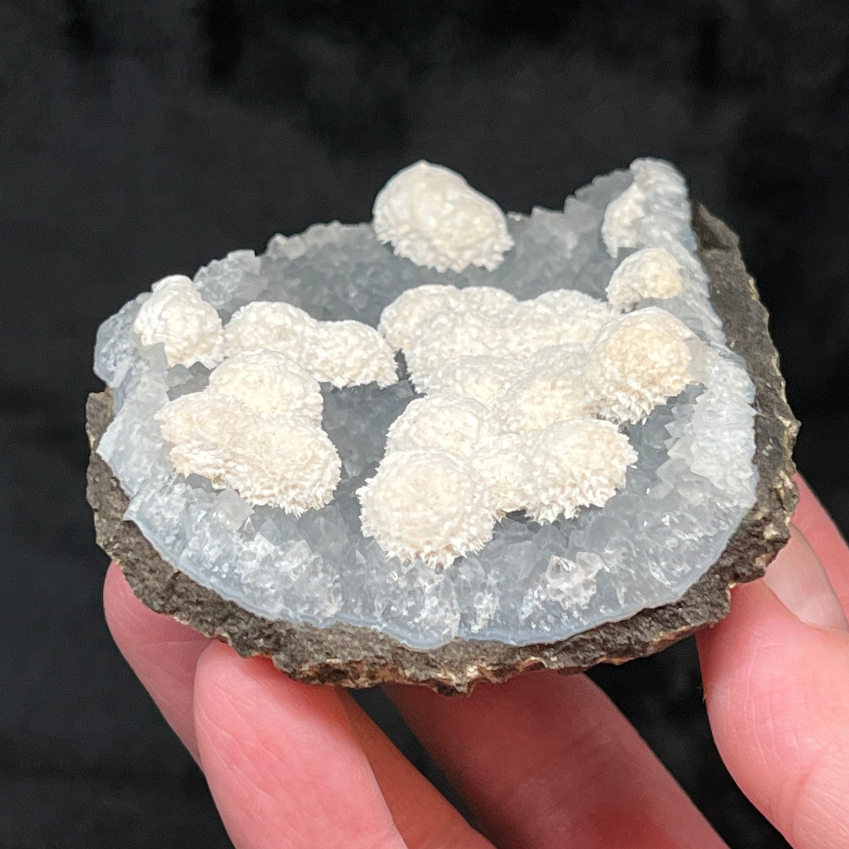 Mordenite Radiating Snowball Like Crystals on Blue-Gray Quartz 265g