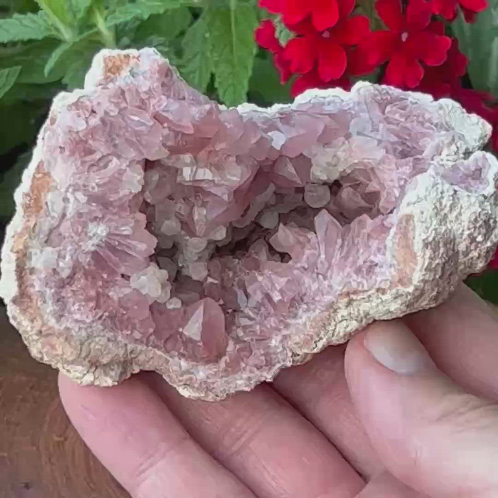 The deeper, darker pink color of the Pink Amethyst crystals and fine formation of the calcite crystals is representative of a higher quality geode specimen. 