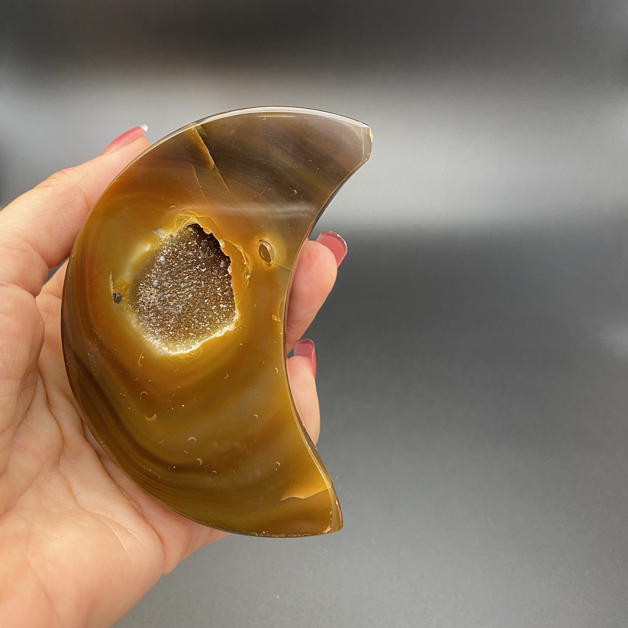 Brazilian Agate Moon, Natural Polished Stone, Druzy Crystals