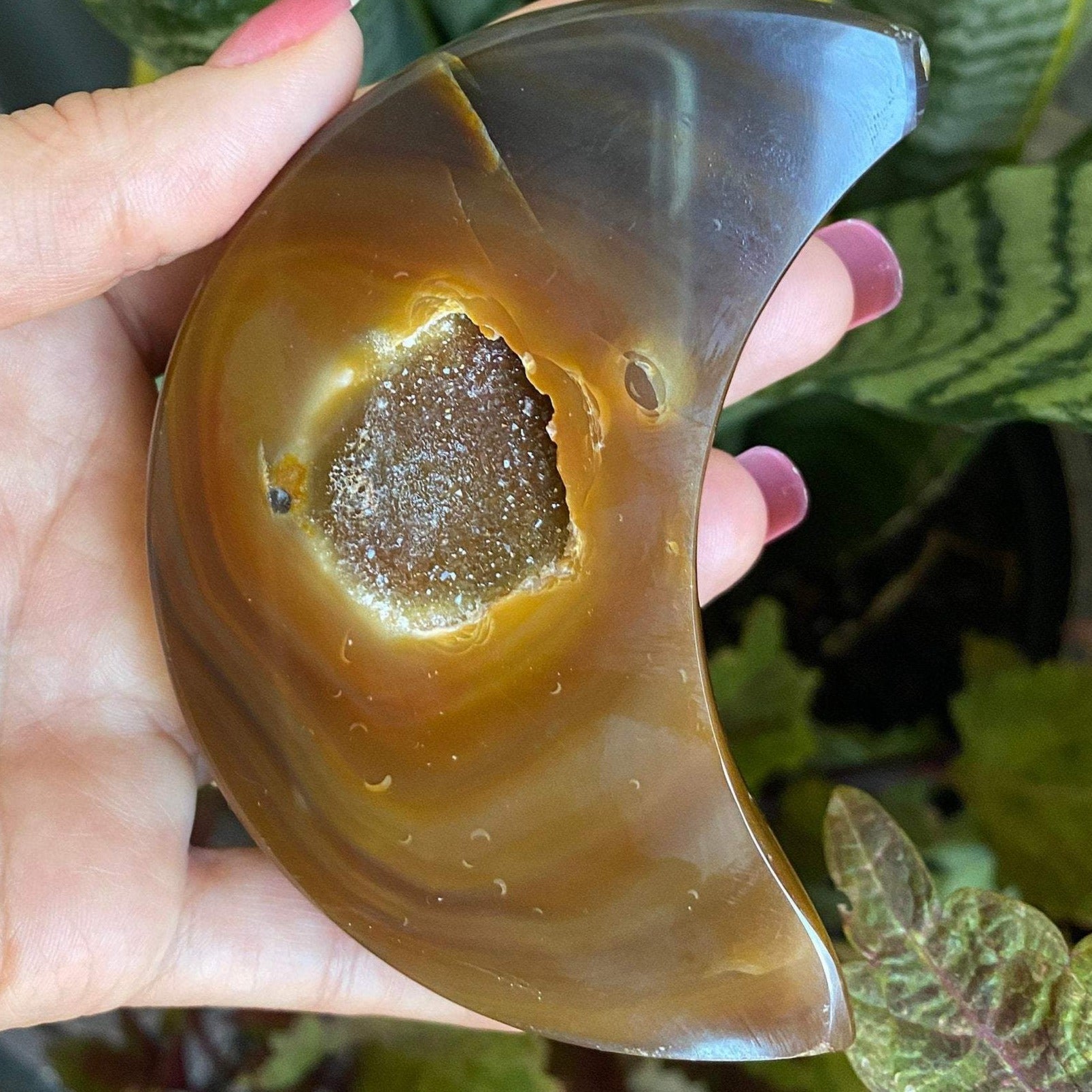 Brazilian Agate Moon, Natural Polished Stone, Druzy Crystals