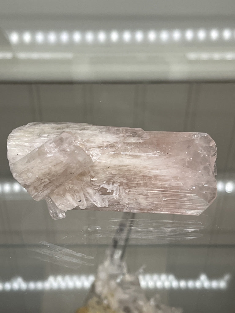 Danburite  larger specimen, soft pink undertones shown in a display case 