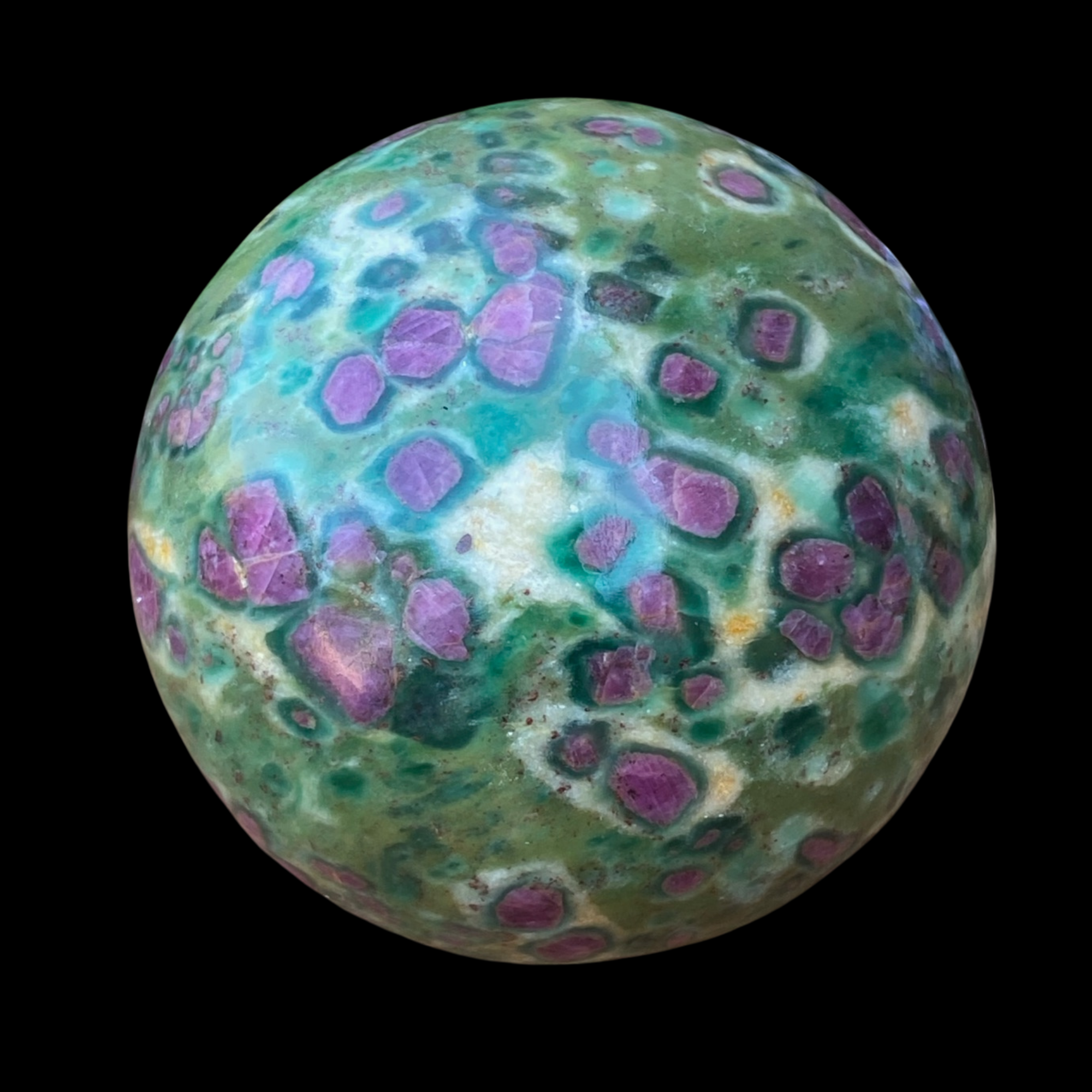 Ruby Fuchsite Round Polished Sphere with red Ruby and Green Fuchsite vibrant colors