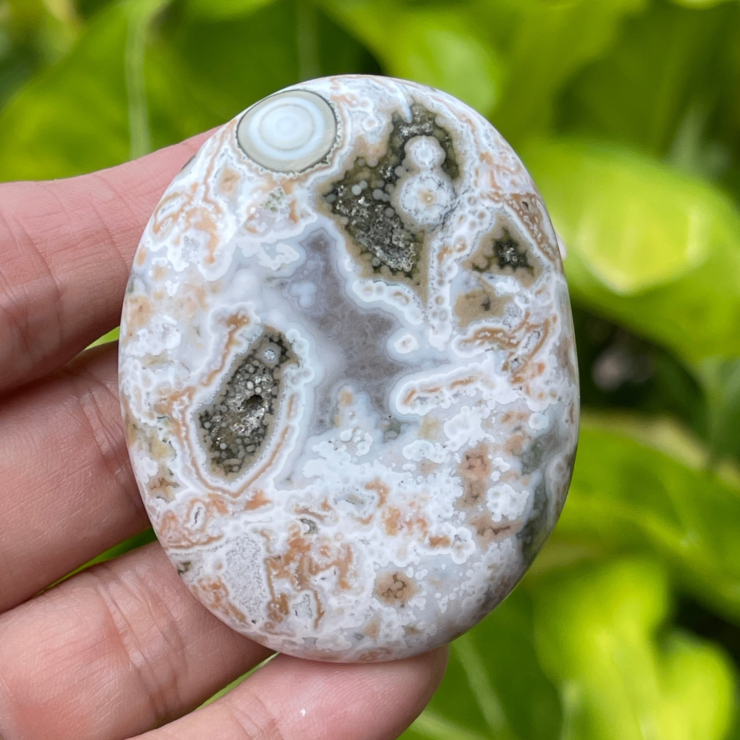 Rare Ocean Jasper with fish eye orbs, 8th vein Marovato.