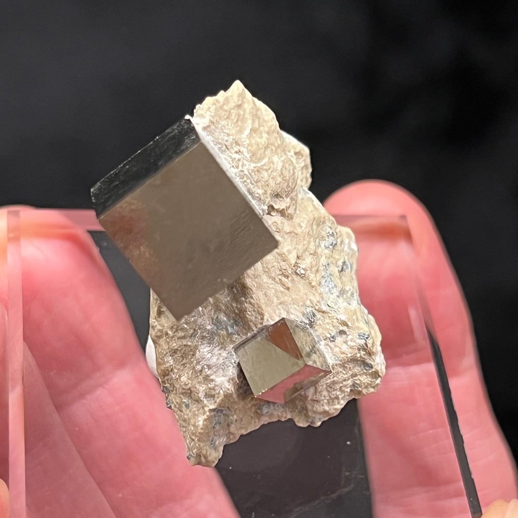 Here is another view of this terrific Pyrite specimen from a downward looking angle. This higher quality Pyrite Cube specimen is from the Alcarama mountain-chain, in Navajun. La Rioja, Spain.