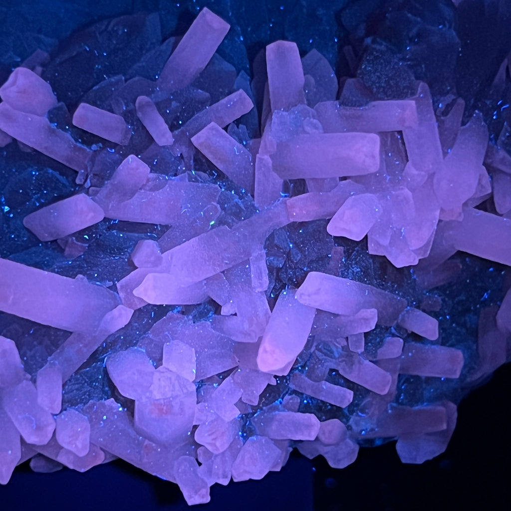 The Calcite crystals in this gorgeous piece are very reactive, fluorescing a captivating orange-pink color when exposed to UV light. 