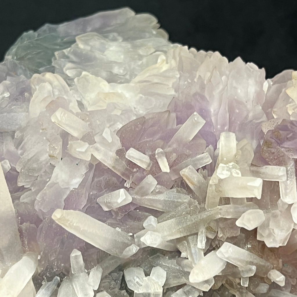 Numerous translucent to less common almost transparent Calcite crystals, some double-terminated, have grown in random directions on this large Amethyst Flower from Fredrico Westphalen,, Rio Grande do Sul, Brazil.  