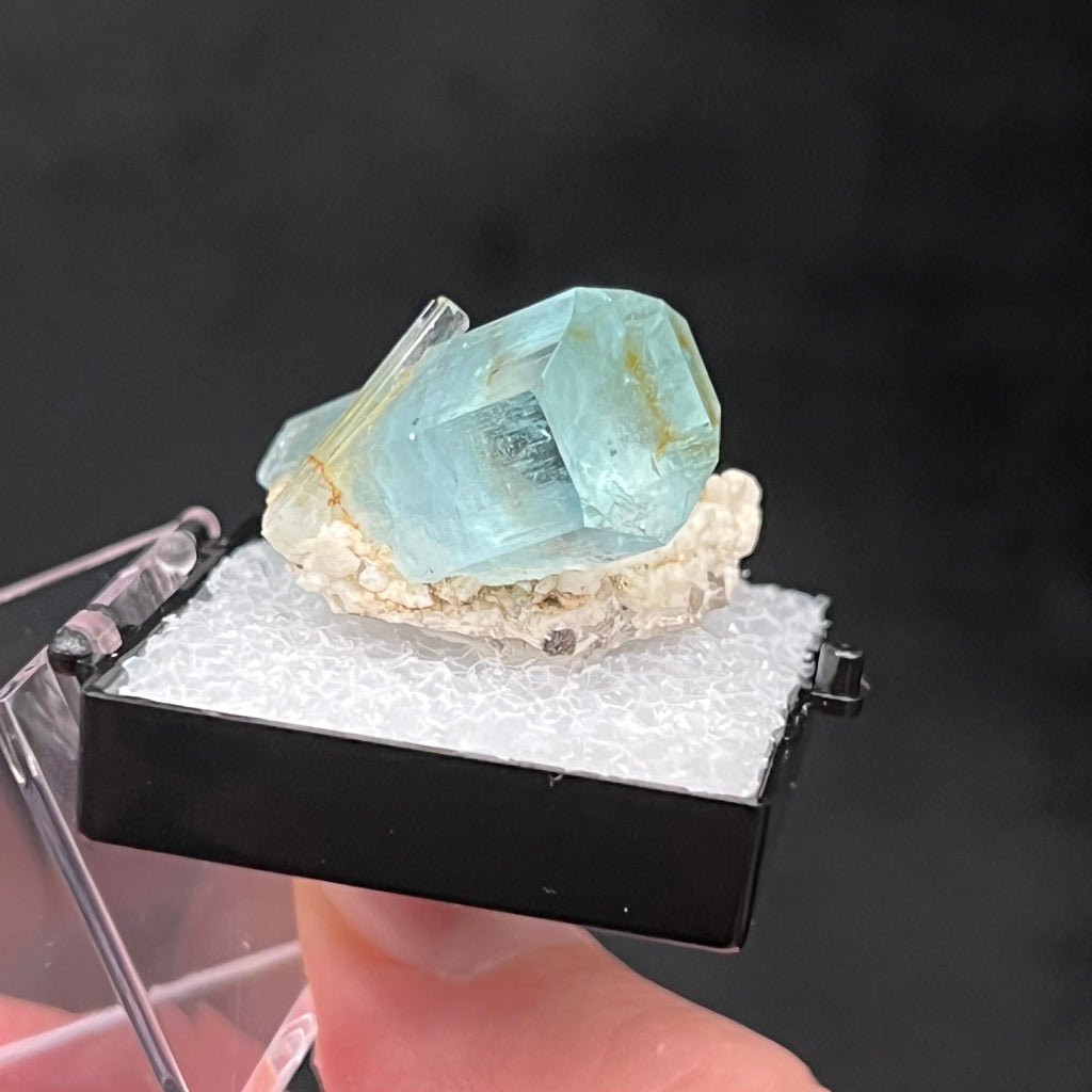 This is a terrific example of Aquamarine on Microcline matrix; a thumbnail specimen sometimes referred to as a "box buster" due to its size that barely fits in the new perky box it will be delivered in.  