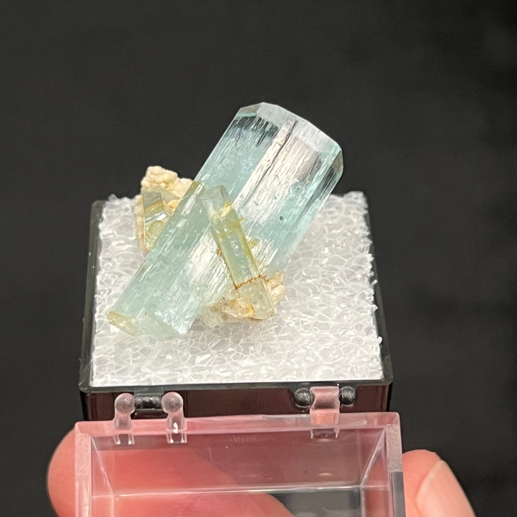 The new perky box shown in this photo will be included with this excellent Aquamarine on Microcline from the Erongo Mountains, Karibib Constituency, Erongo Region, Namibia, Southern Africa.