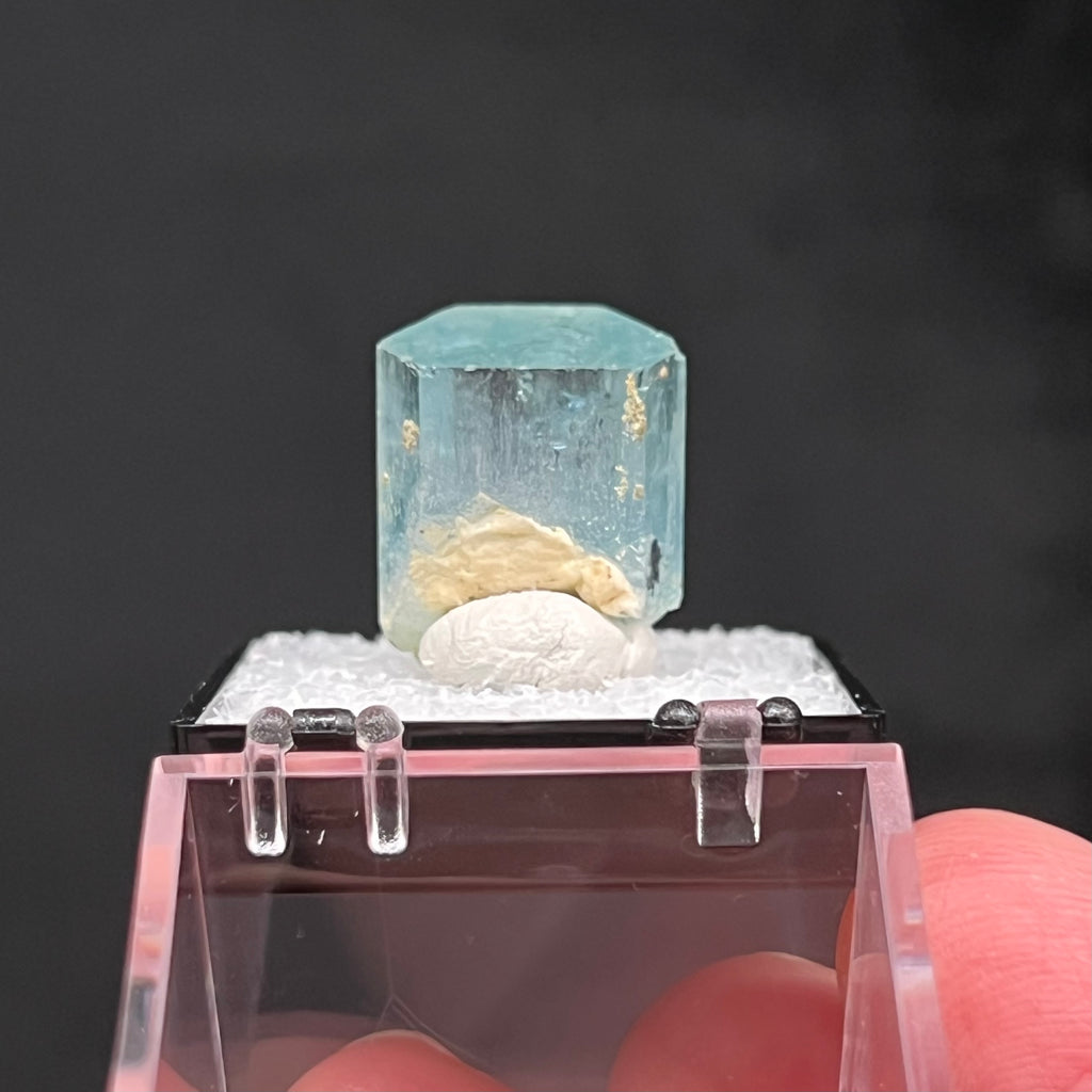 This fine Aquamarine crystal from the Erongo Mountains, Karibib Constituency, Namibia is presented in and will include when purchased this classic, standard size Perkins Box, 1.25 inches x 1.25 inches. 