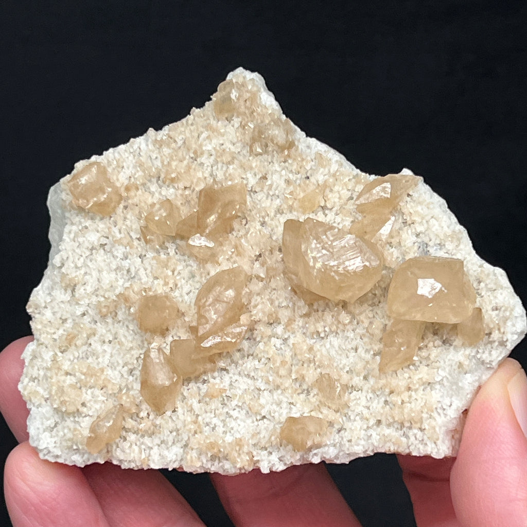 This is a beautiful plate of scalenohedral, lightly honey colored Calcite crystals exhibiting wonderful isolation with attractive luster and growing on a bed of creamy white Barite.