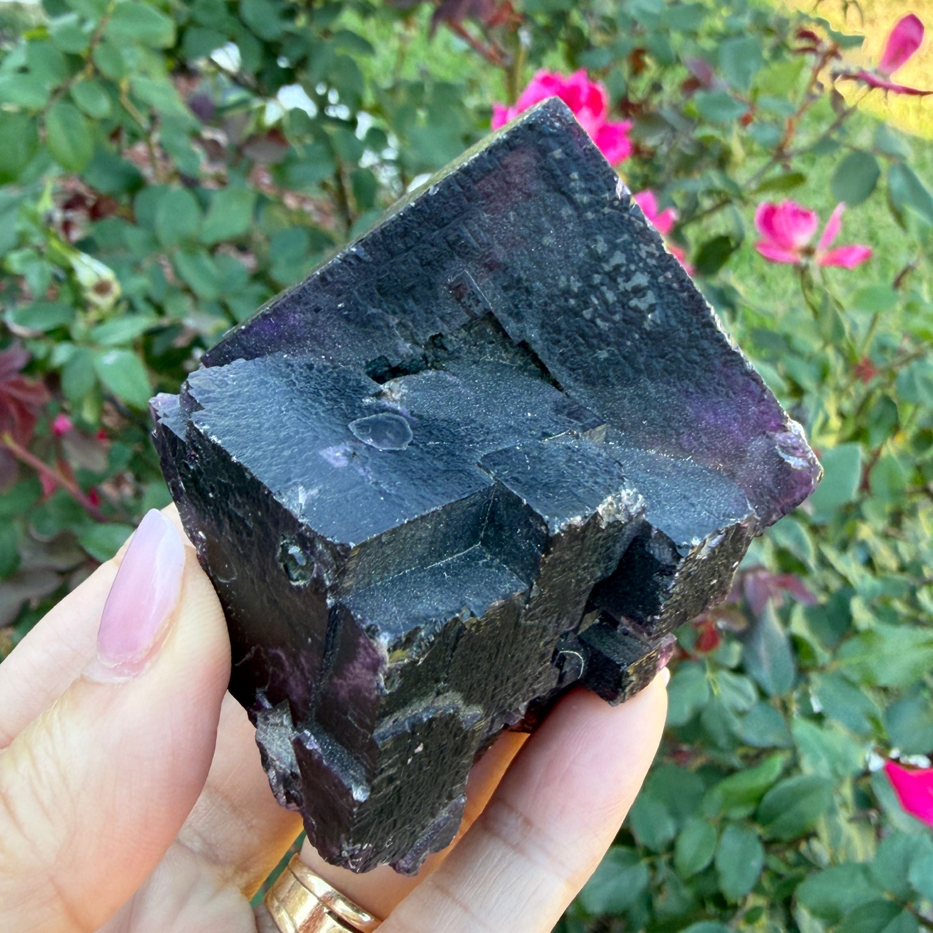 Fluorite specimen held in hand with a blurred natural background