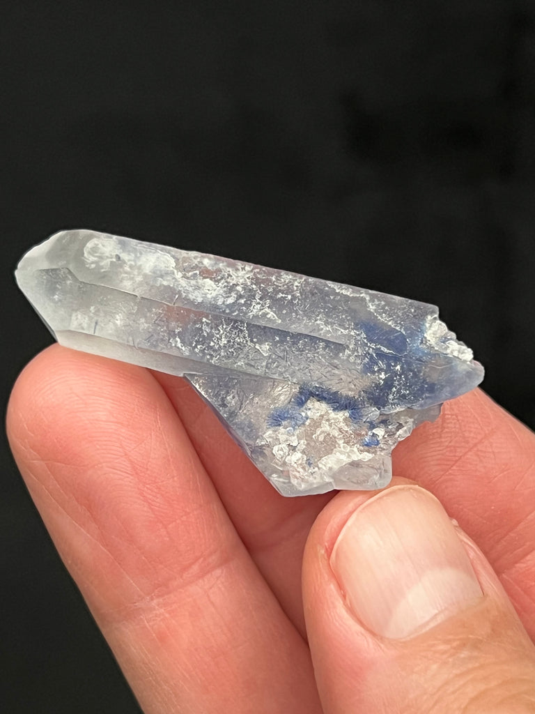 This is a terrific example of fibrous sprays of Dumortierite in double terminated Quartz  that exhibits easily viewed, especially one side or facet of the specimen, radiating dark blue Dumortierite.