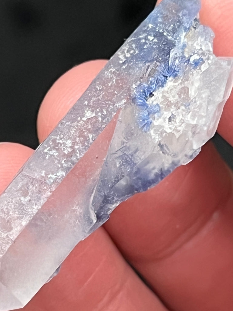 This specimen is actually two intergrown quartz crystals, and where the two meet are exceptional sprays of dark blue, fibrous Dumortierite on the surface easy to view under magnification!  