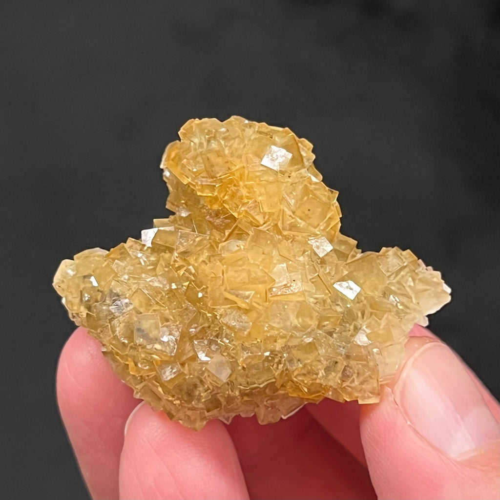 This is sensational example of Fluorite, Dolomite and Chalcopyrite with well formed yellow, cubic Fluorite on one side of the specimen and rhombohedral, saddle shaped Dolomite on the other side or under side.