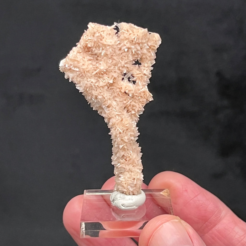 Here is a distinctly unusual mineral occurrence. This is an excellent, truly rare, translucent to transparent, pale to light salmon pink Heulandite with white, some colorless Stilbite and minor Chalcedony Stalactite formation from an old collection.