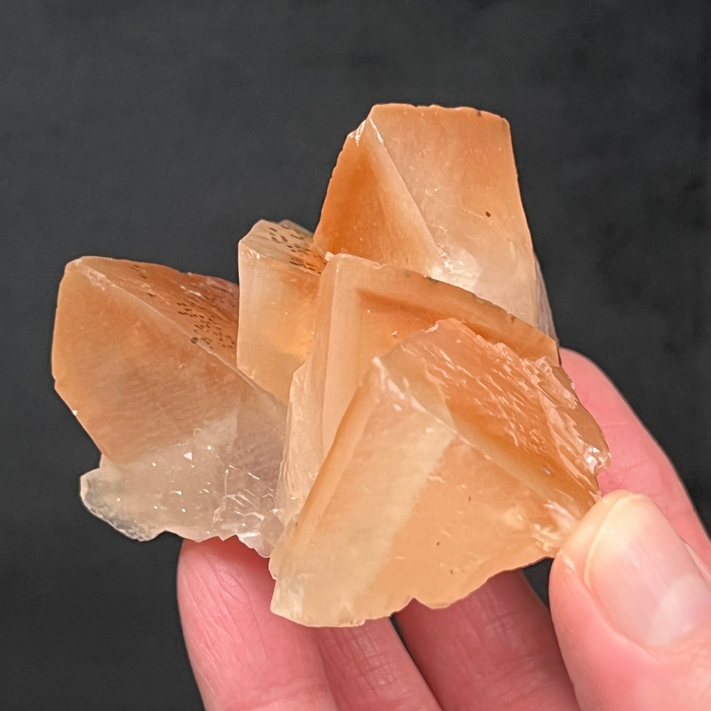The gorgeous orangish-brown to honey-caramel color in these Calcite crystals from Santa Eulalia, Mexico is from the influence and inclusion of Hematite and or iron oxide.
