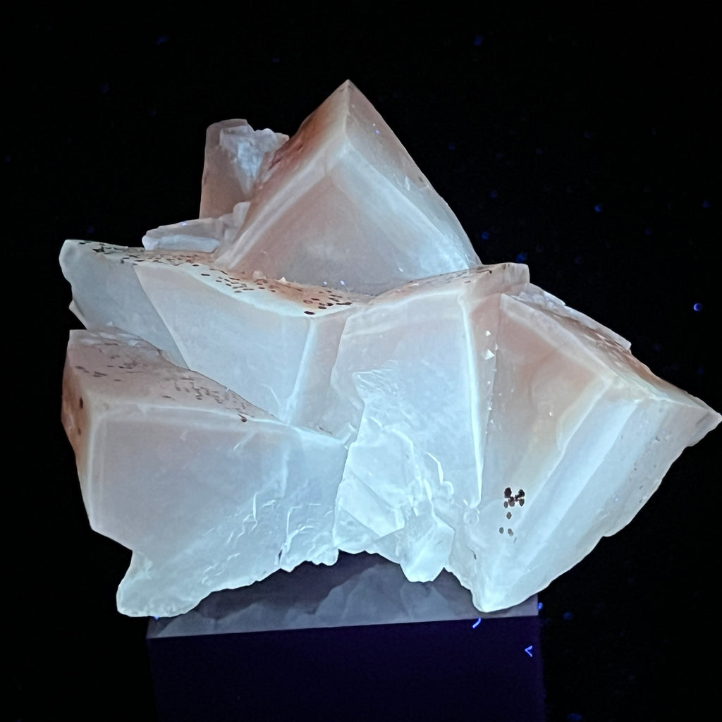 Very UV reactive, these Calcite crystals with phantoms glow a profound cool, ghostly cream or white color when exposed to longwave UV light.