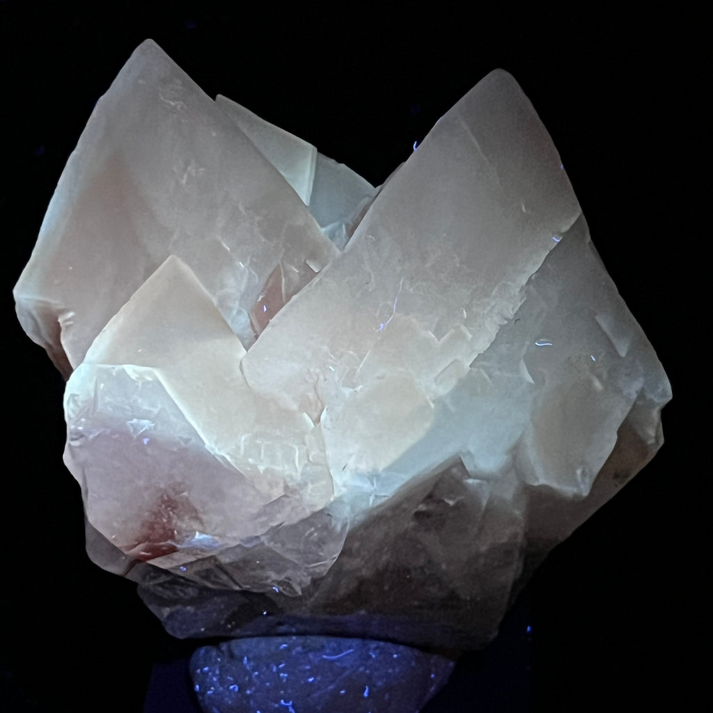 Very UV reactive, these Calcite crystals glow a profound cool, ghostly cream or white color when exposed to longwave UV light. Applied shortwave UV light may cause fluorescence that is reddish in color due to the presence of manganese in the basal / lower or first phase, rhombohedral, calcite growth. 