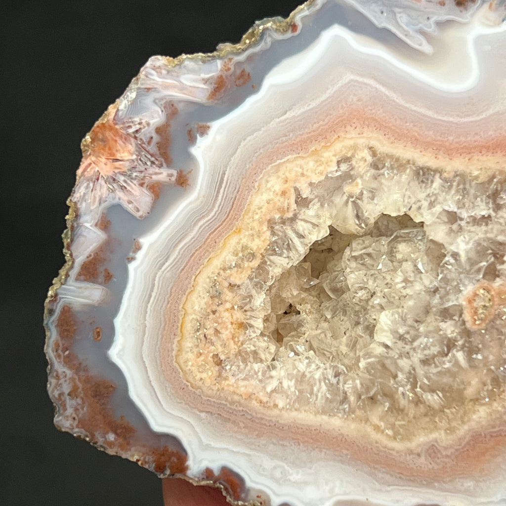  Another fascinating attribute of this excellent example of a Moroccan Agate is the translucency and transparency, i.e. the clearer to murky areas of the specimen that give the appearance that many of the beautiful structures, orbicular and mossy, are floating and immersed within this quartz var. chalcedony agate.