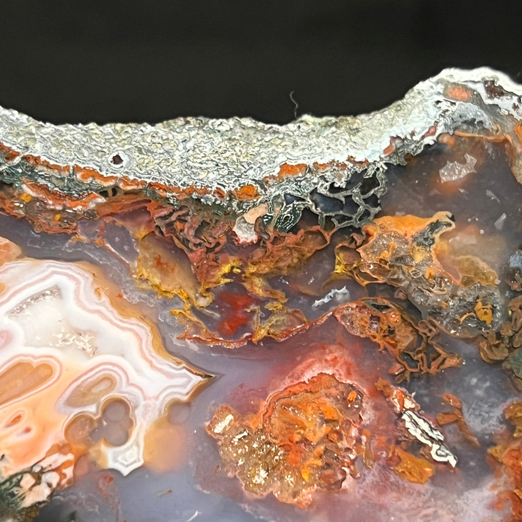 Here is another view, from the opposite side of the agate surface, exhibiting the shiny areas of polished hematite near the edge of the specimen, giving it a showy metallic gleam.