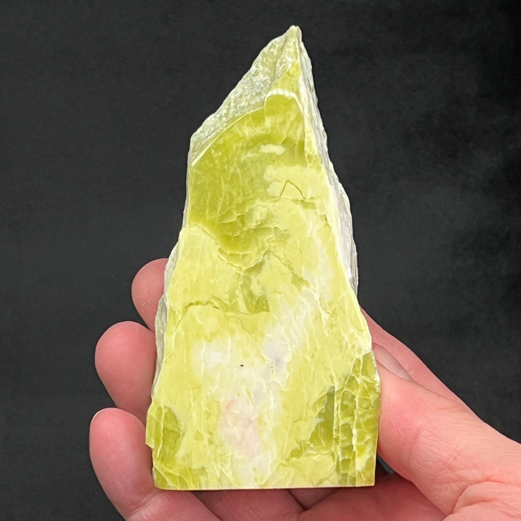 Here is a view of the other polished side of this beautiful Noble Serpentine, aka Healerite, standing piece, polished on front and back, and showing a hint of light pink Magnesite.
