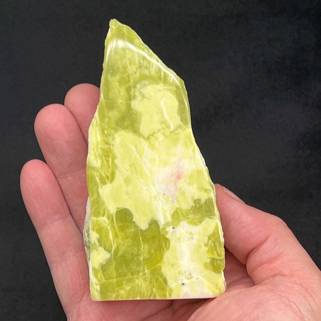 This is gorgeous Noble Serpentine, 100% natural, exhibiting unique color characteristics to this locale; presenting with varying yellow-green to lime green hues, fascinating, creamy, yellow-white, shapely lines and patterns.